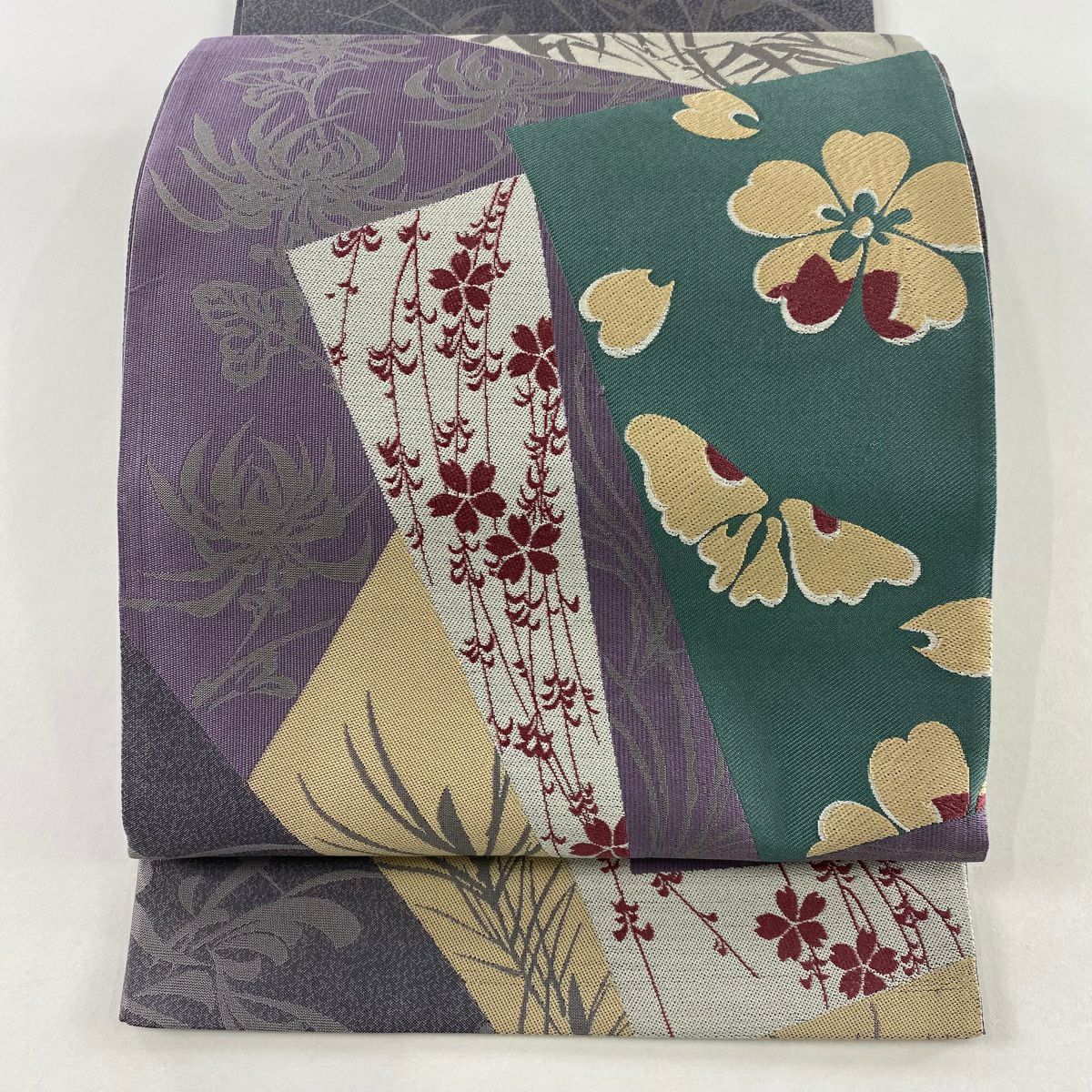 【美品】 袋帶 秀品級 樱花 叶纹 灰色 六通 純蠶絲