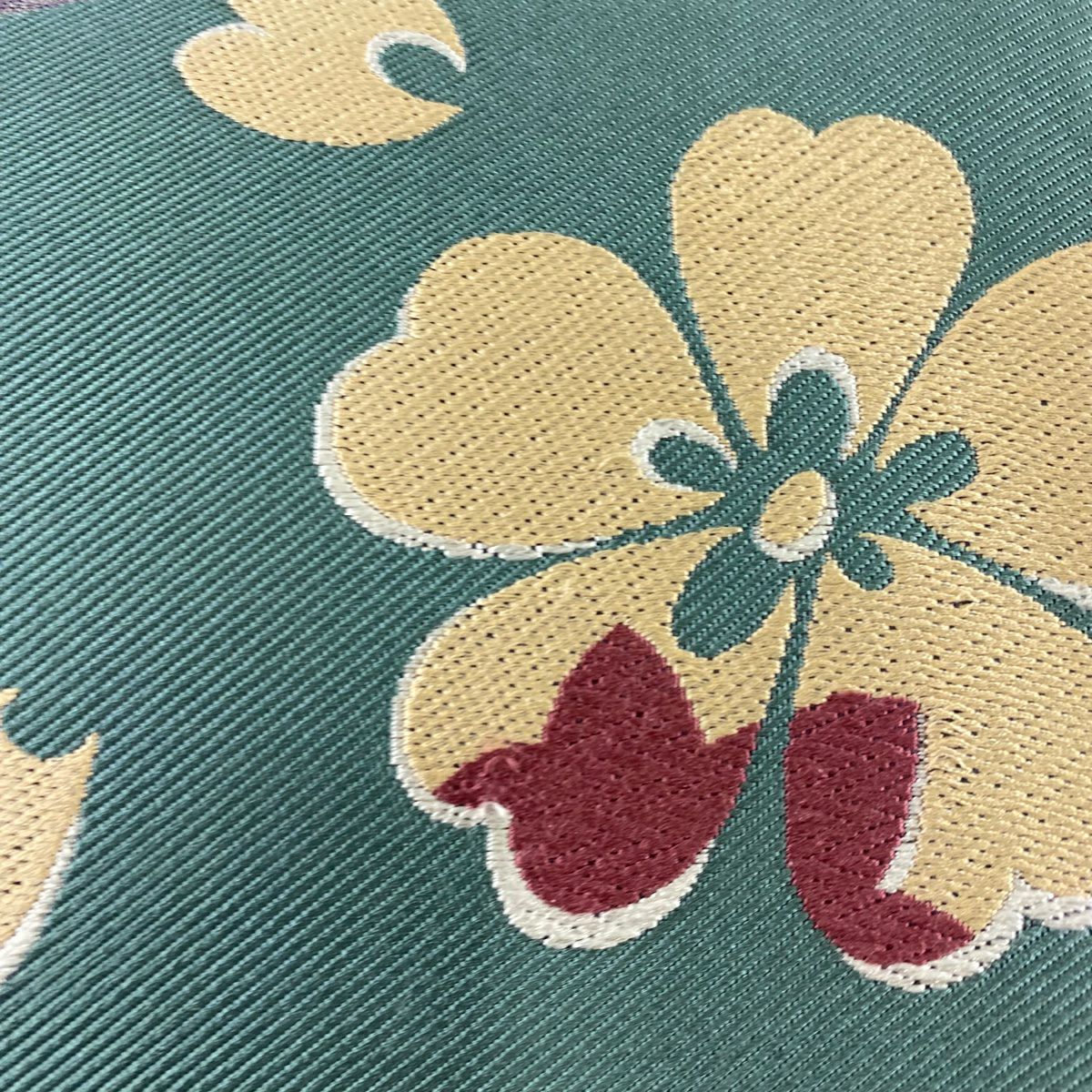 【美品】 袋帶 秀品級 樱花 叶纹 灰色 六通 純蠶絲
