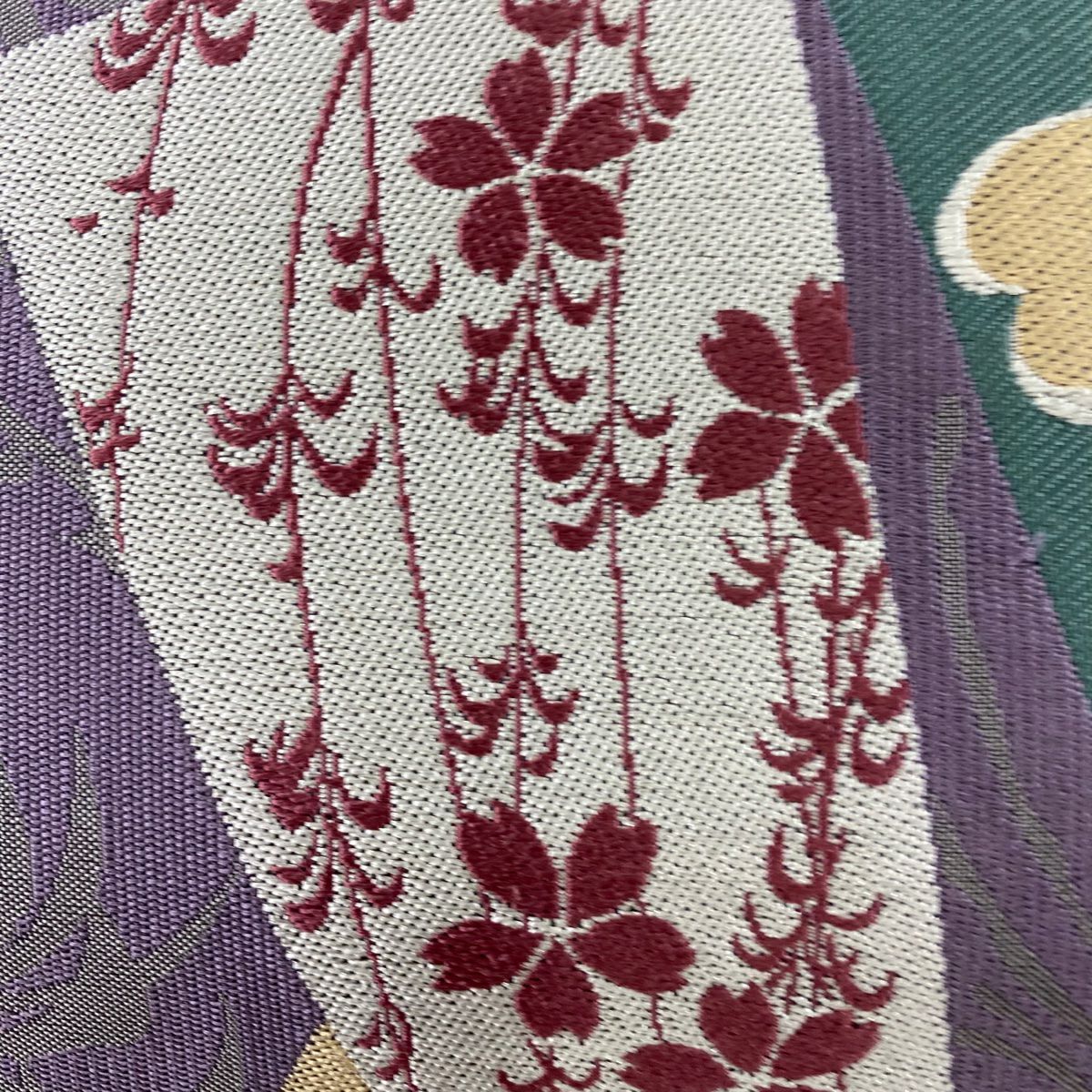 【美品】 袋帶 秀品級 樱花 叶纹 灰色 六通 純蠶絲
