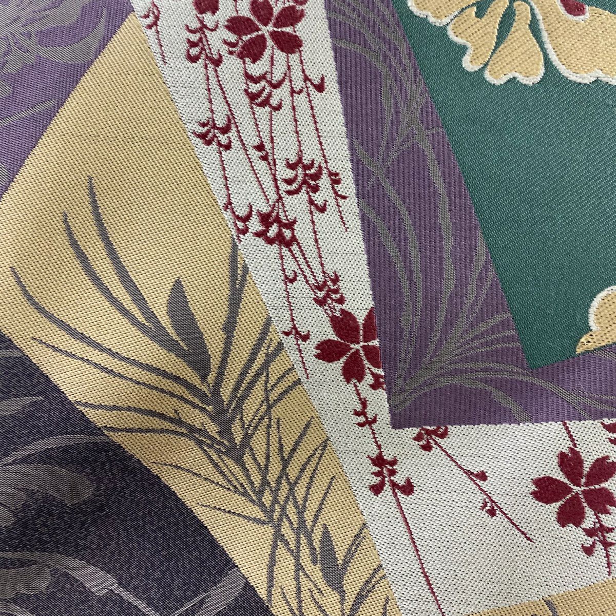 【美品】 袋帶 秀品級 樱花 叶纹 灰色 六通 純蠶絲