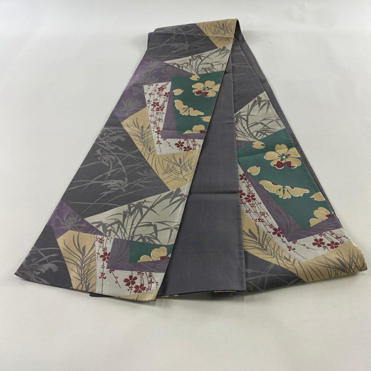 【美品】 袋帶 秀品級 樱花 叶纹 灰色 六通 純蠶絲