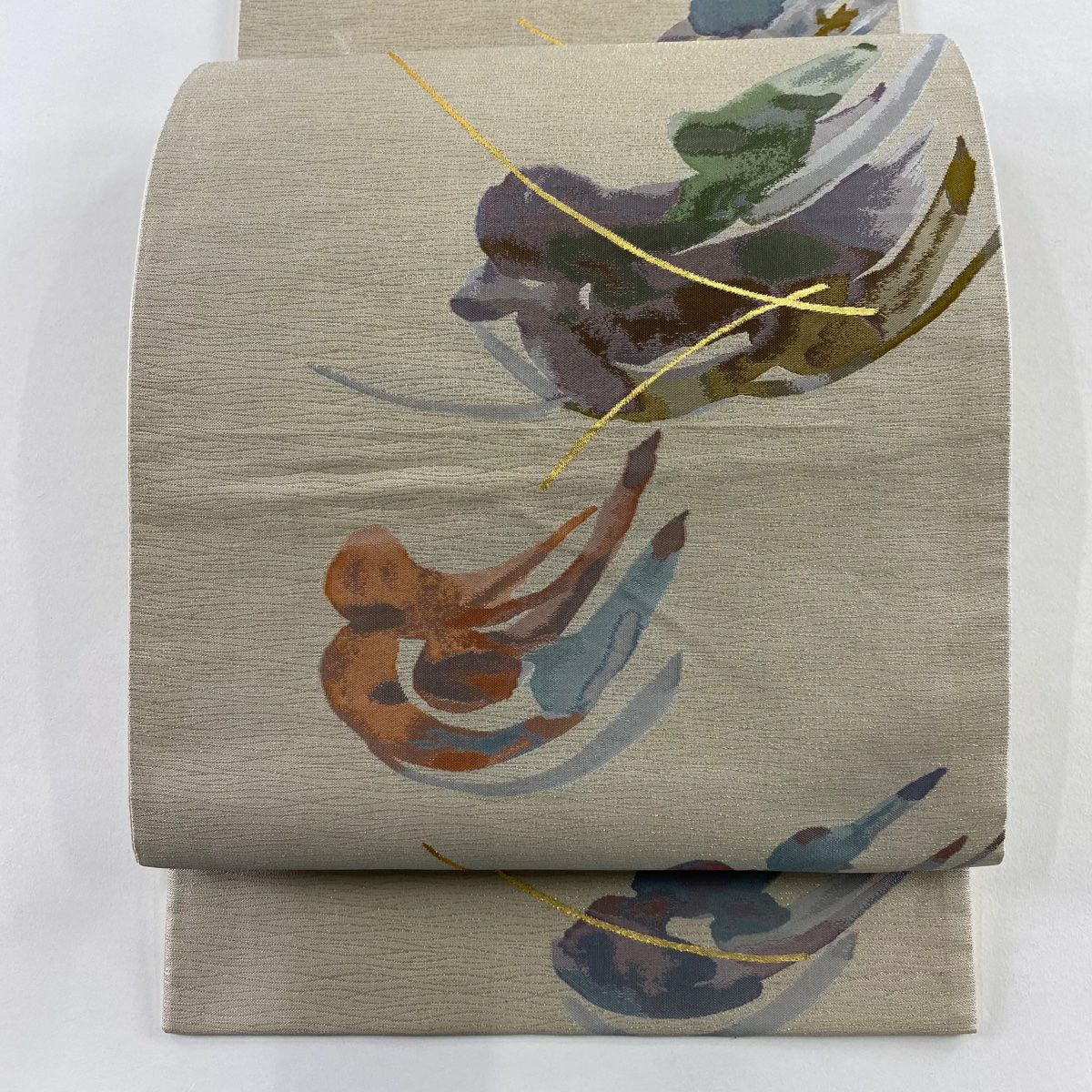 【美品】 袋帶 秀品級 幾何圖案 金絲 金金箔 灰白 六通 純蠶絲