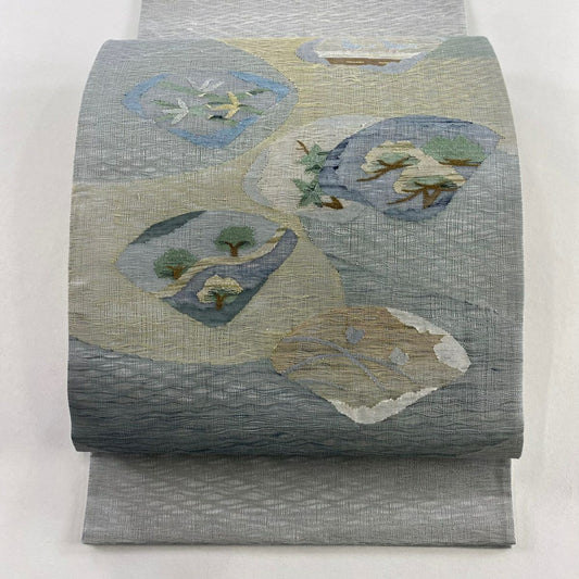【美品】 名古屋帶 秀品級 夏帶 樹木 鳥 青灰 深藍色 正蠶絲