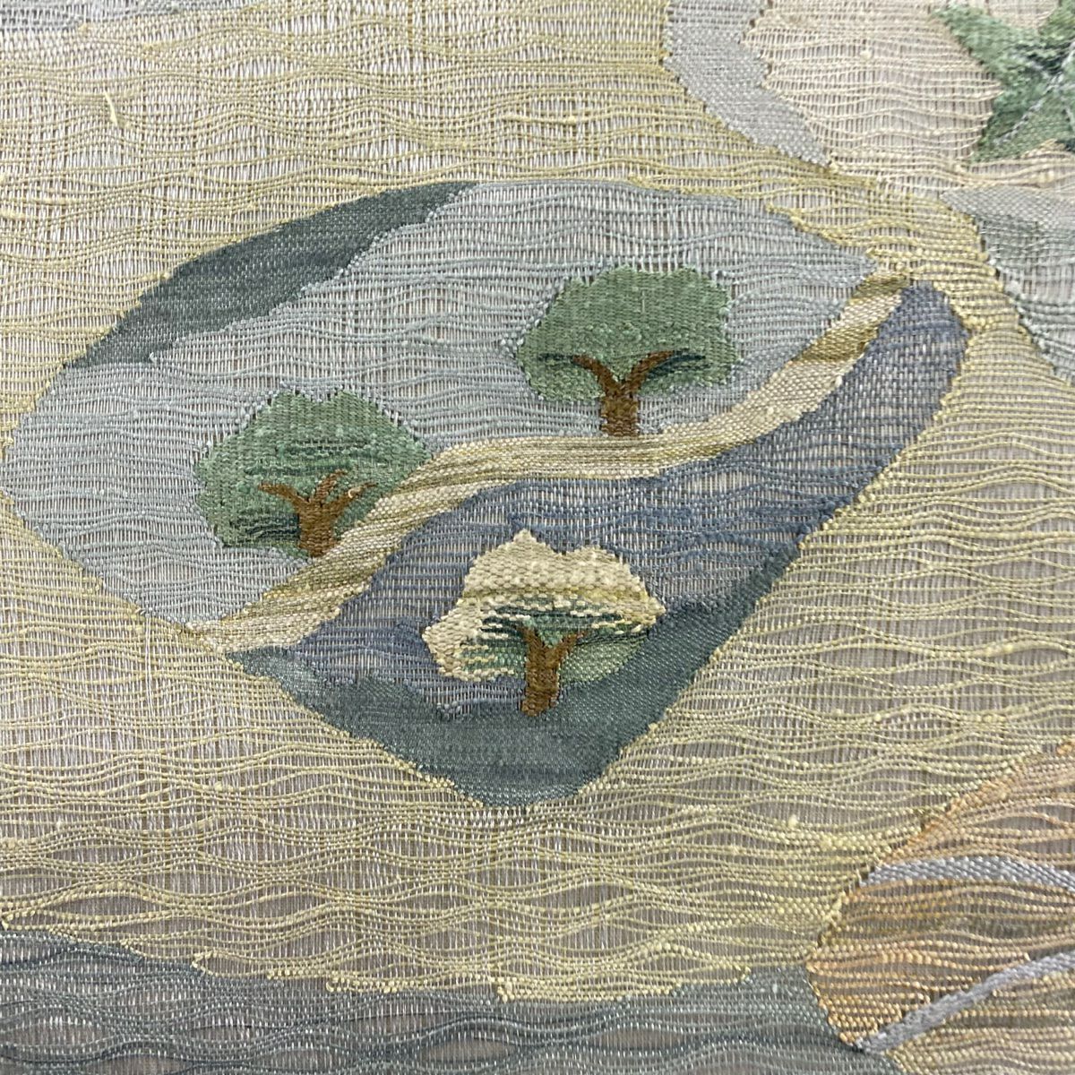 【美品】 名古屋帶 秀品級 夏帶 樹木 鳥 青灰 深藍色 正蠶絲