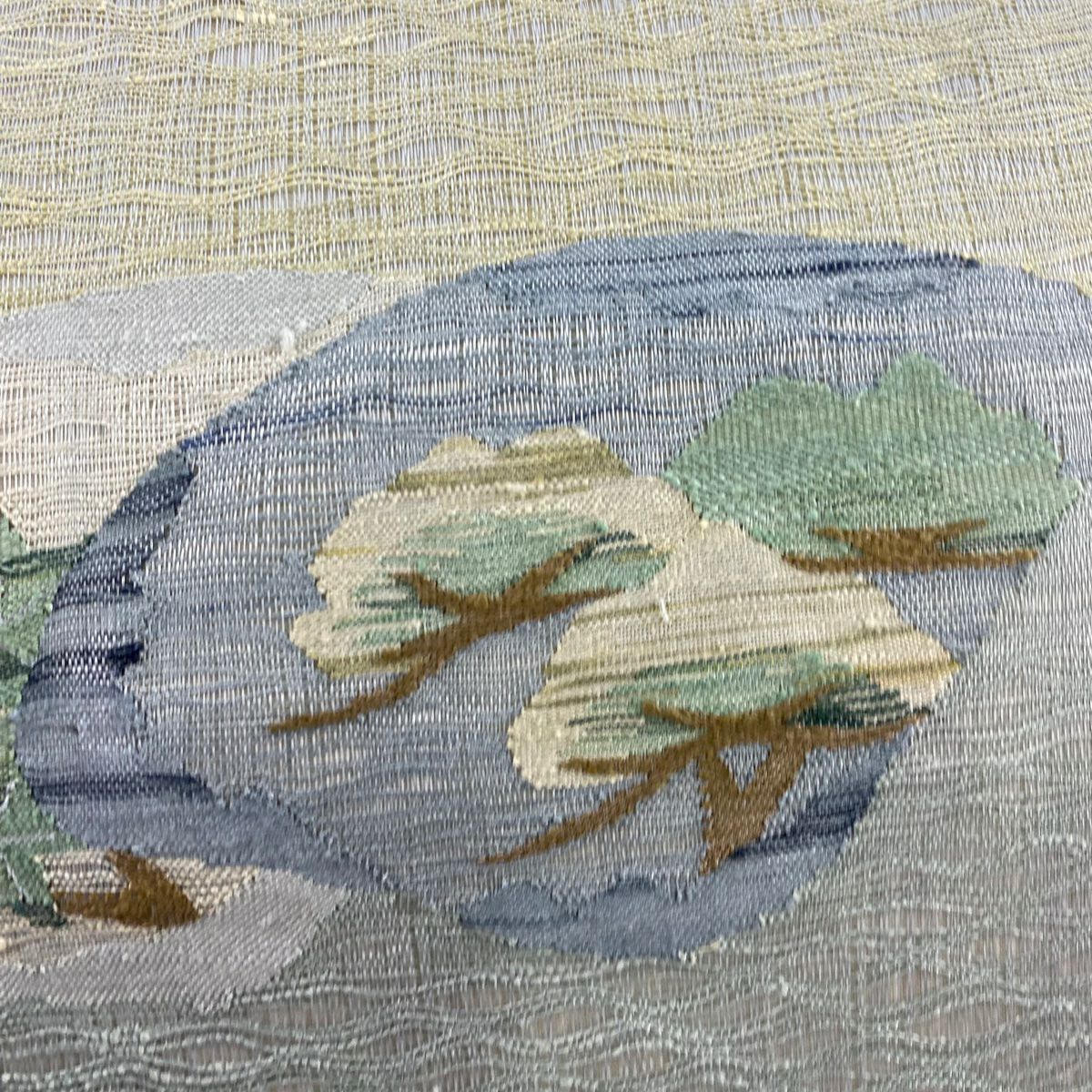 【美品】 名古屋帶 秀品級 夏帶 樹木 鳥 青灰 深藍色 正蠶絲