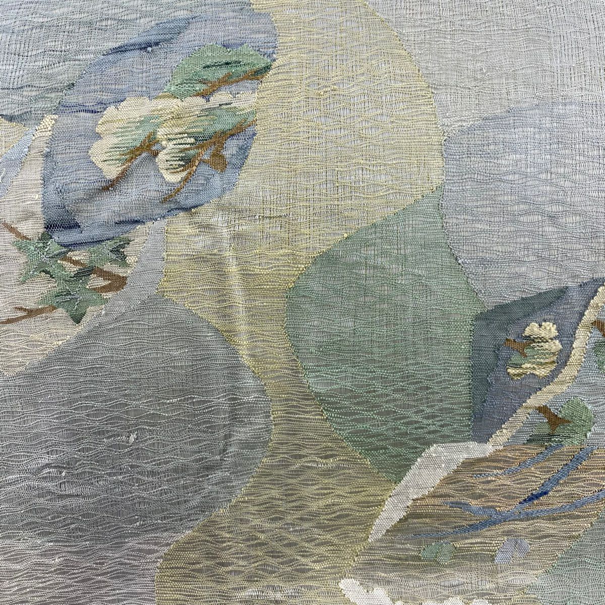 【美品】 名古屋帶 秀品級 夏帶 樹木 鳥 青灰 深藍色 正蠶絲