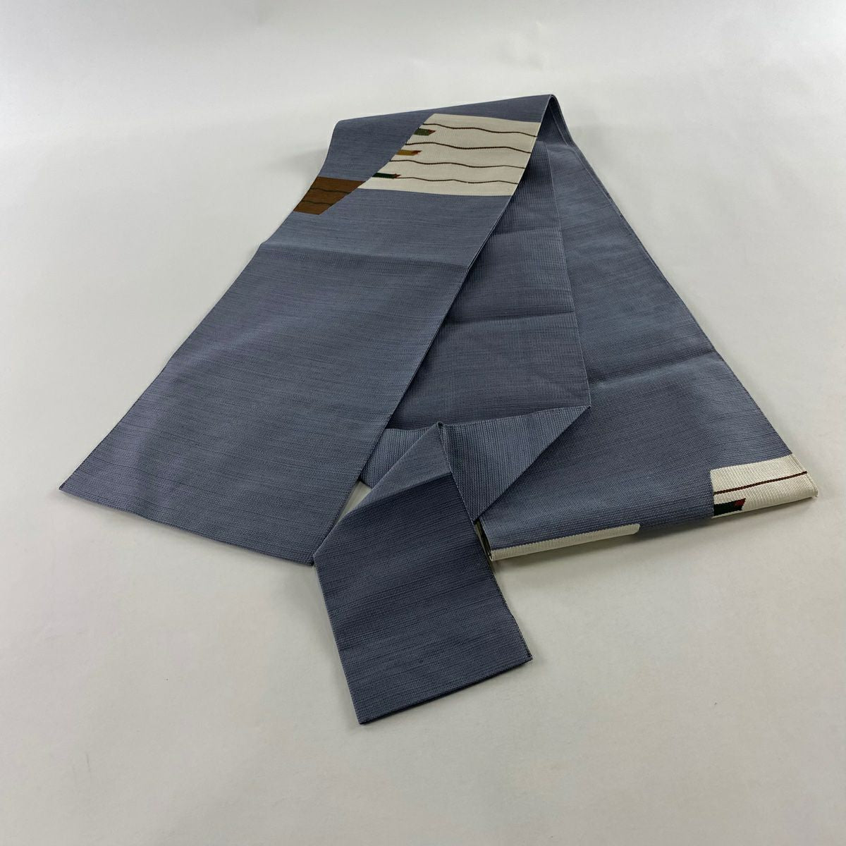 【美品】 名古屋帶 優品級 松樹葉仕立 雜色仕立 幾何圖案 青灰 純蠶絲