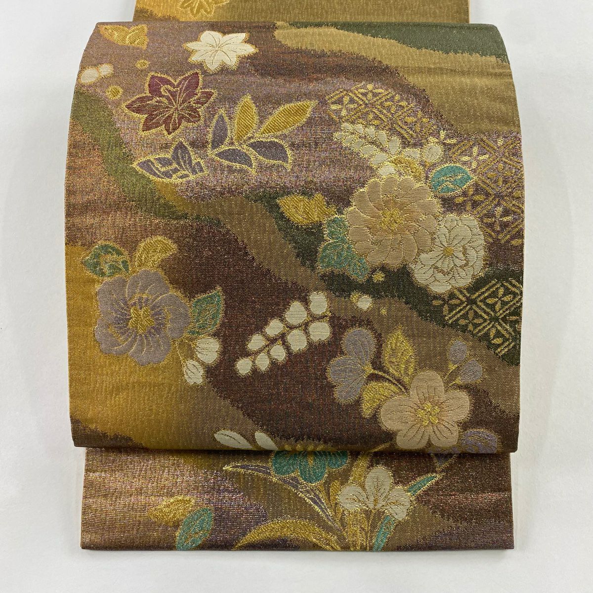 袋帶 秀品級 草花紋紋 金絲 金金箔 黃土色 大鼓圖案 純蠶絲