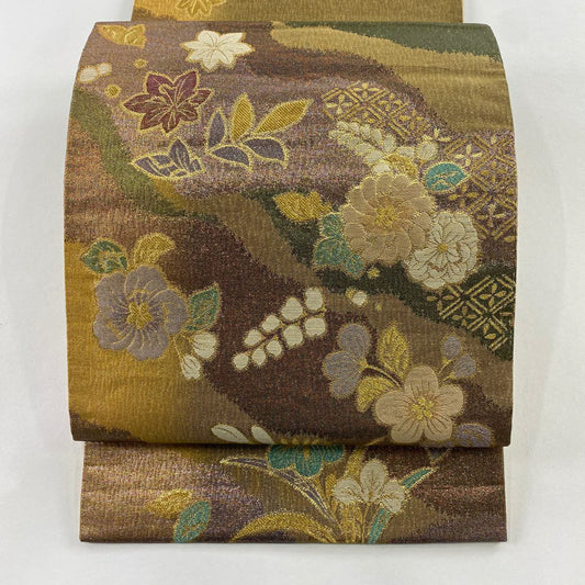 袋帶 秀品級 草花紋紋 金絲 金金箔 黃土色 大鼓圖案 純蠶絲