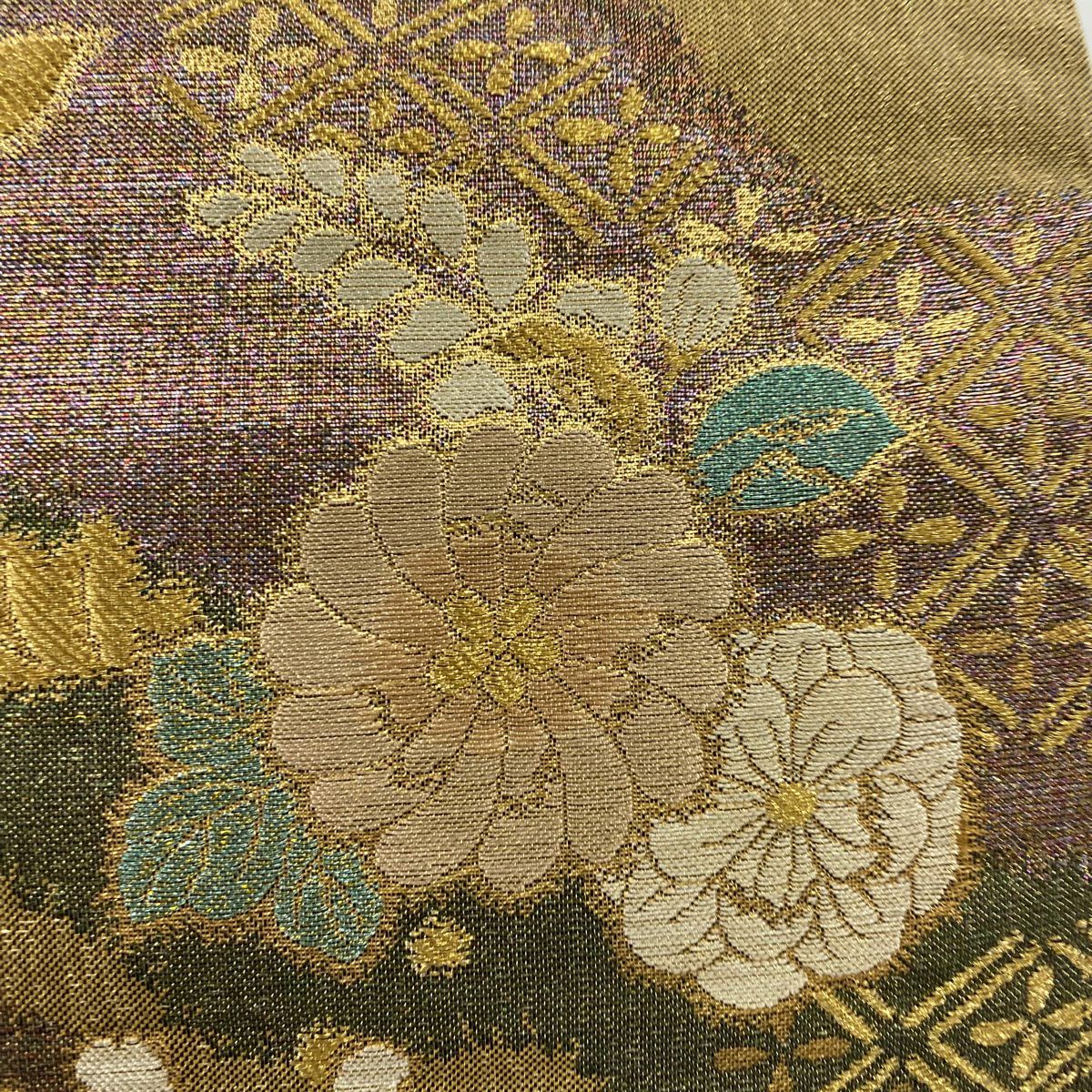 袋帶 秀品級 草花紋紋 金絲 金金箔 黃土色 大鼓圖案 純蠶絲