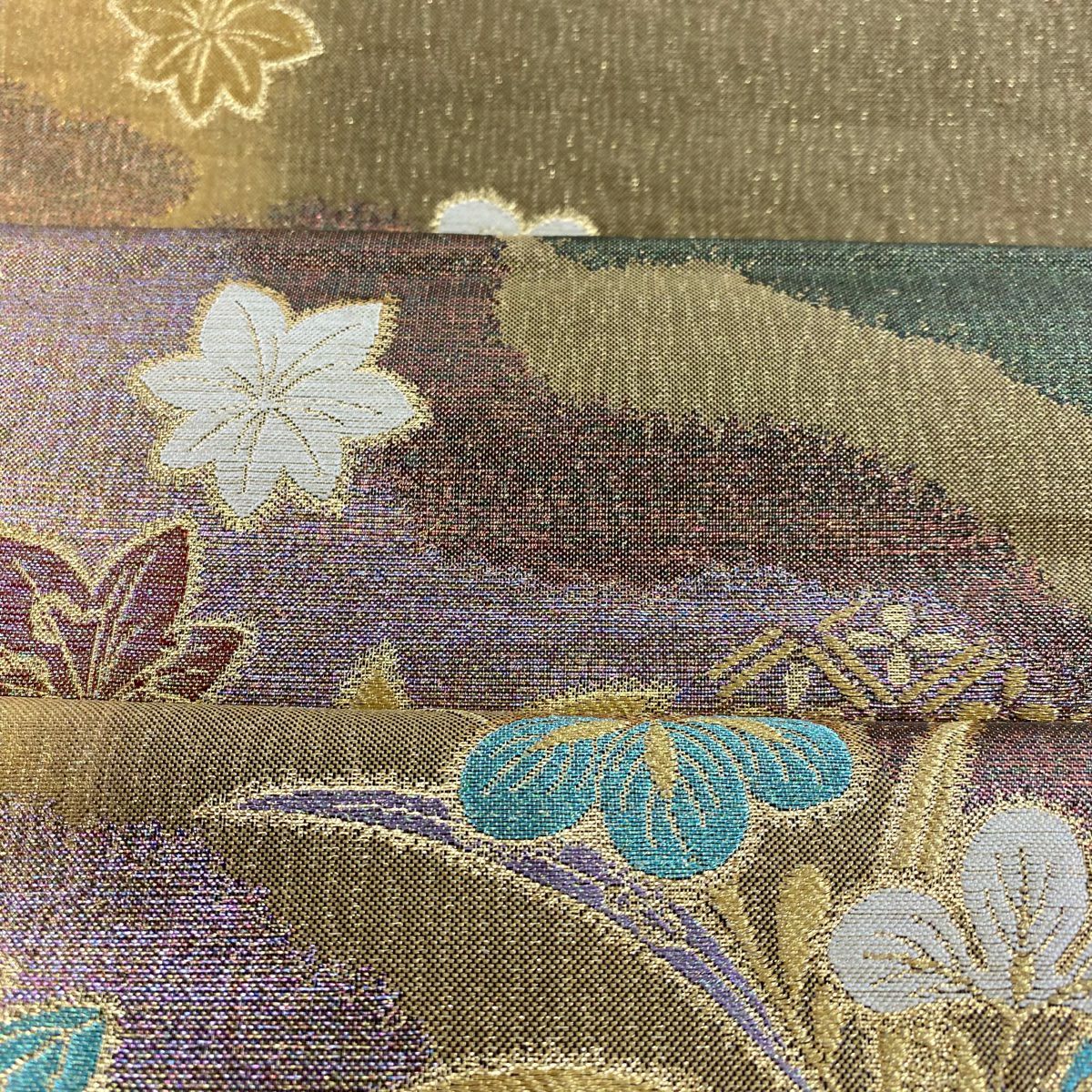 袋帶 秀品級 草花紋紋 金絲 金金箔 黃土色 大鼓圖案 純蠶絲