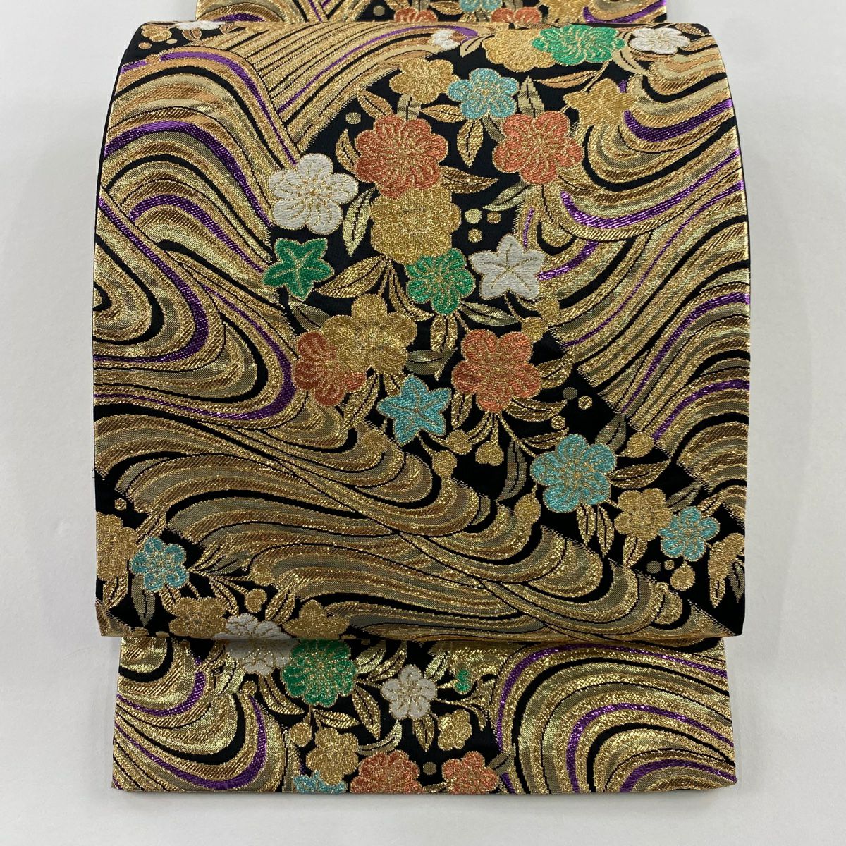 【美品】 袋帶 秀品級 草花紋紋 流水 金絲 金金箔 金色 六通 純蠶絲
