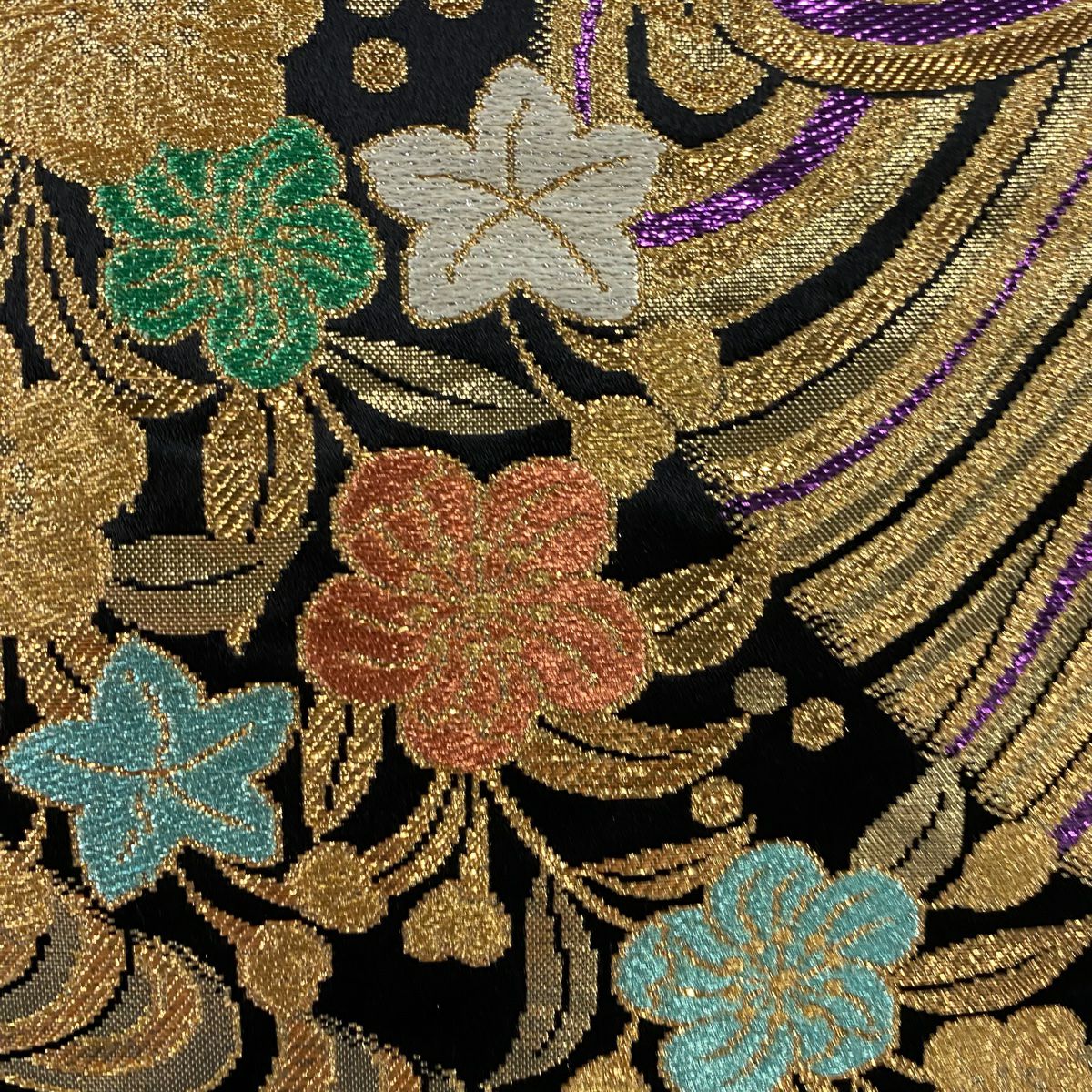 【美品】 袋帶 秀品級 草花紋紋 流水 金絲 金金箔 金色 六通 純蠶絲