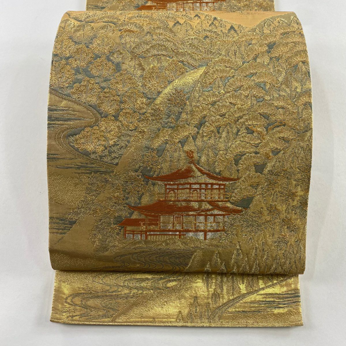 【美品】 袋帶 秀品級 建築 山 金絲 金金箔 金色 六通 純蠶絲
