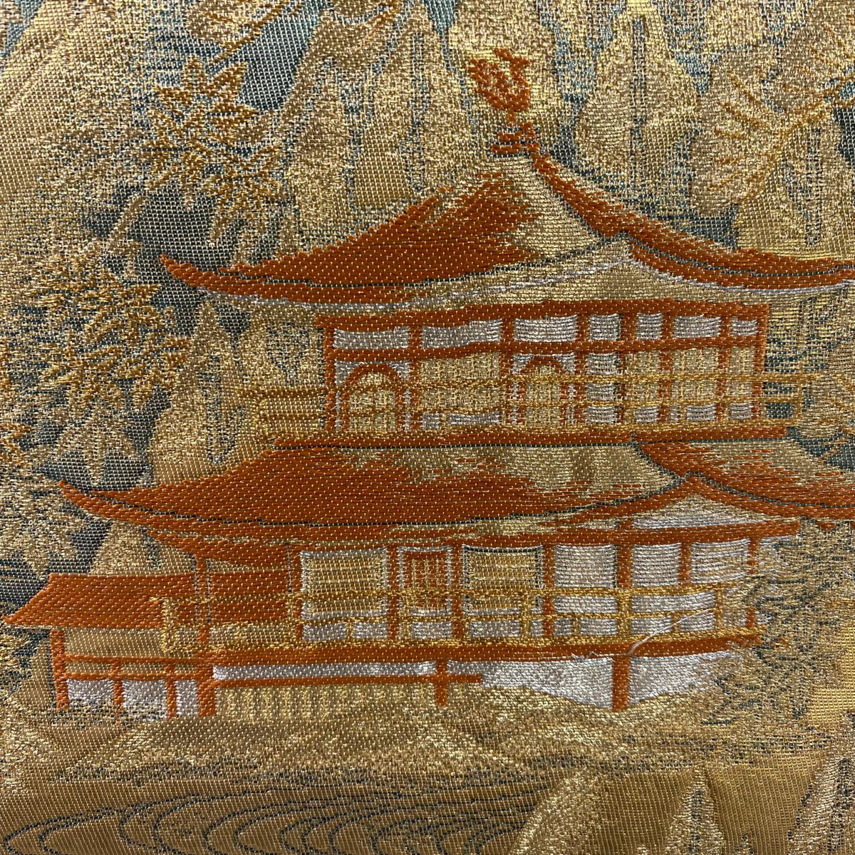 【美品】 袋帶 秀品級 建築 山 金絲 金金箔 金色 六通 純蠶絲