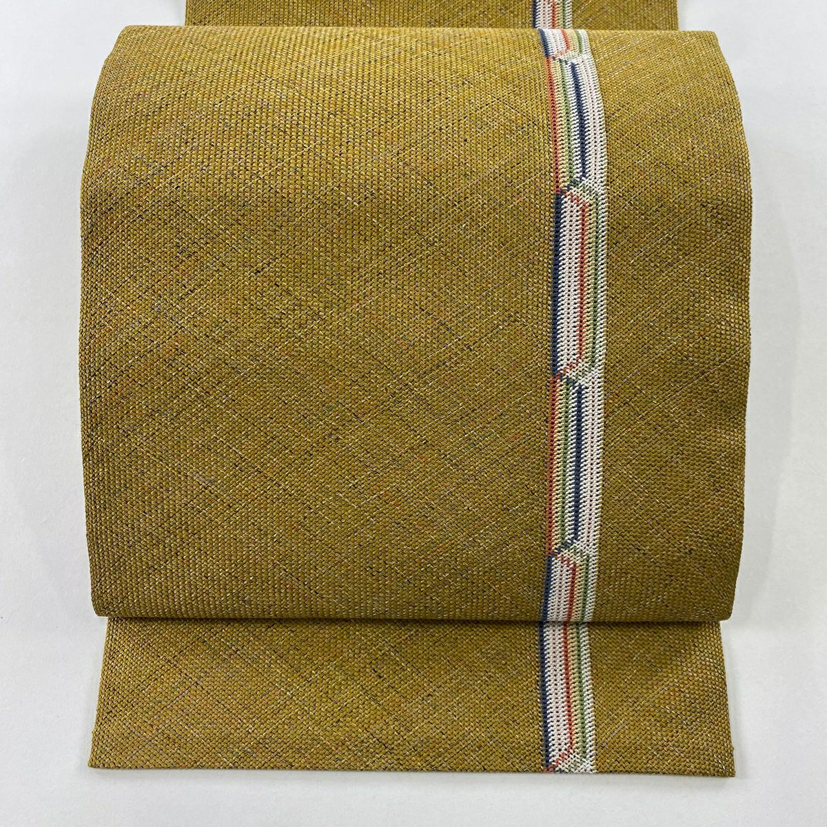 【美品】 名古屋帶 秀品級 八寸名古屋帶 松樹葉仕立 幾何學圖案 黃土 純蠶絲