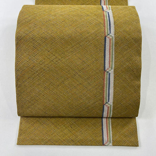 【美品】 名古屋帶 秀品級 八寸名古屋帶 松樹葉仕立 幾何學圖案 黃土 純蠶絲