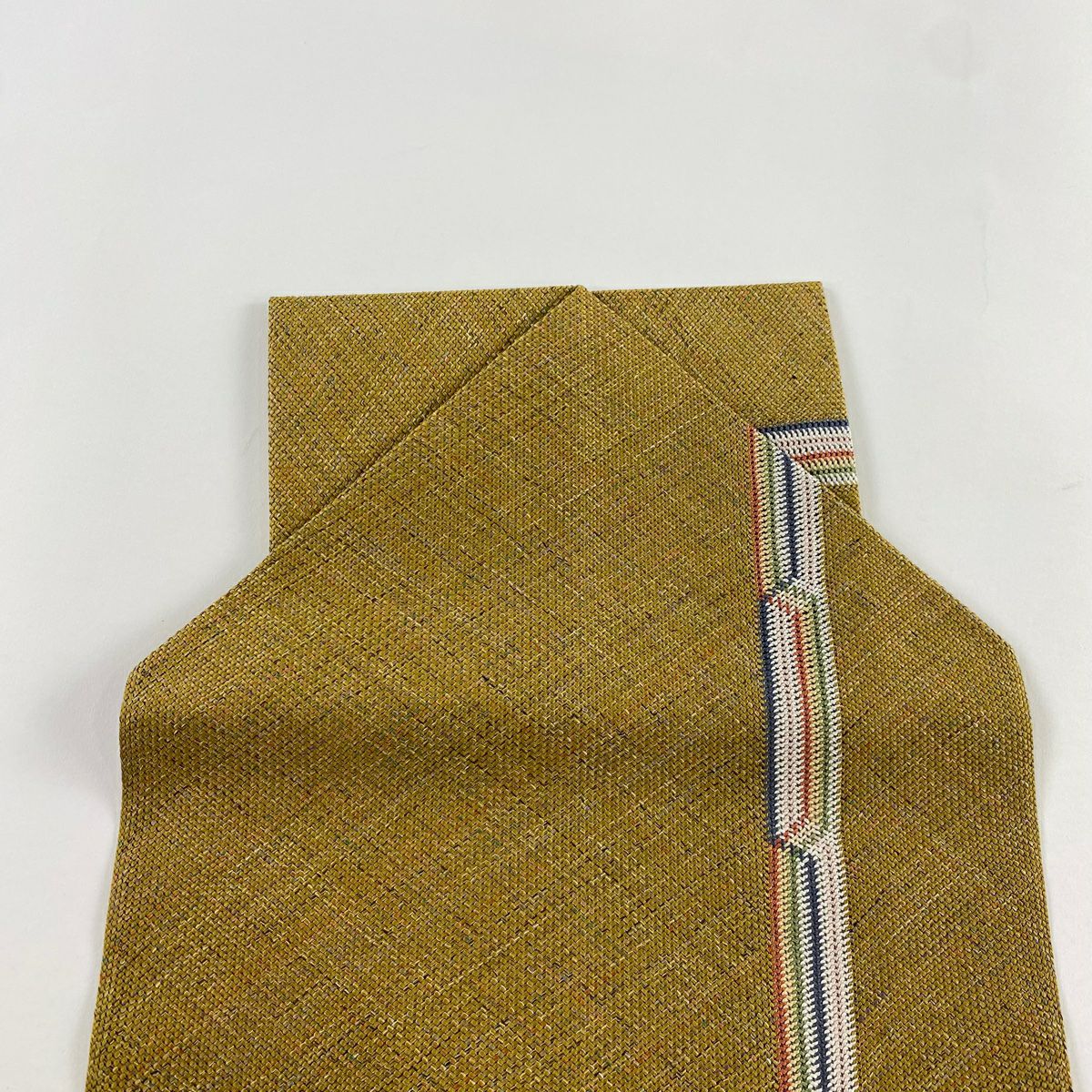 【美品】 名古屋帶 秀品級 八寸名古屋帶 松樹葉仕立 幾何學圖案 黃土 純蠶絲