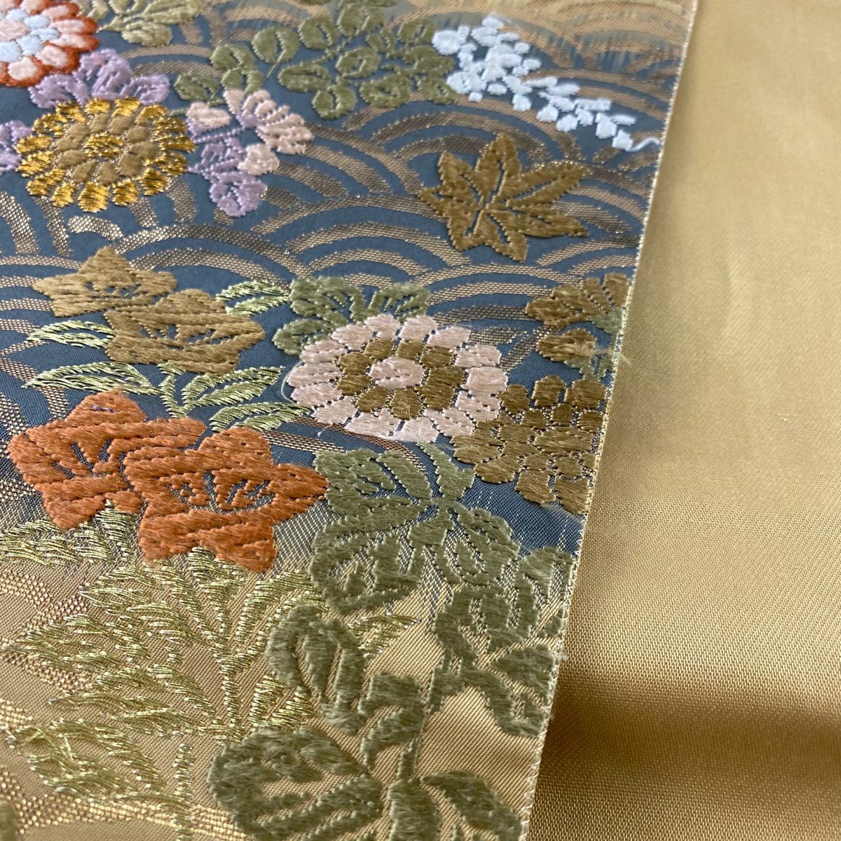 袋帶 秀品級 青海桐刈紫紋 能衣唐織 金金箔 薄茶 六通 純蠶絲