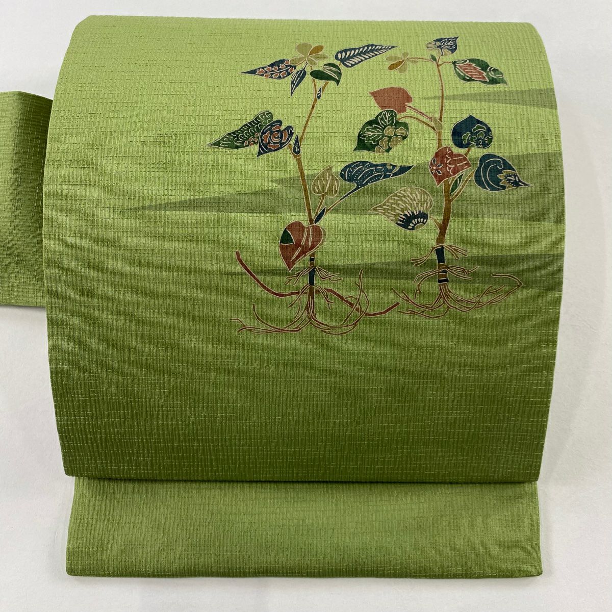 【美品】名古屋帶 秀品級 草花紋紋 霞 綠茶 純蠶絲