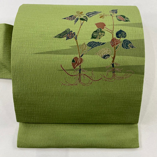 【美品】名古屋帶 秀品級 草花紋紋 霞 綠茶 純蠶絲