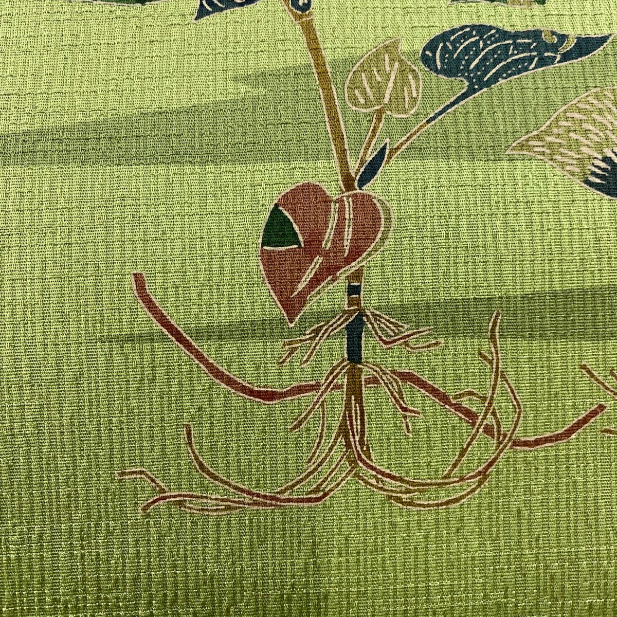 【美品】名古屋帶 秀品級 草花紋紋 霞 綠茶 純蠶絲