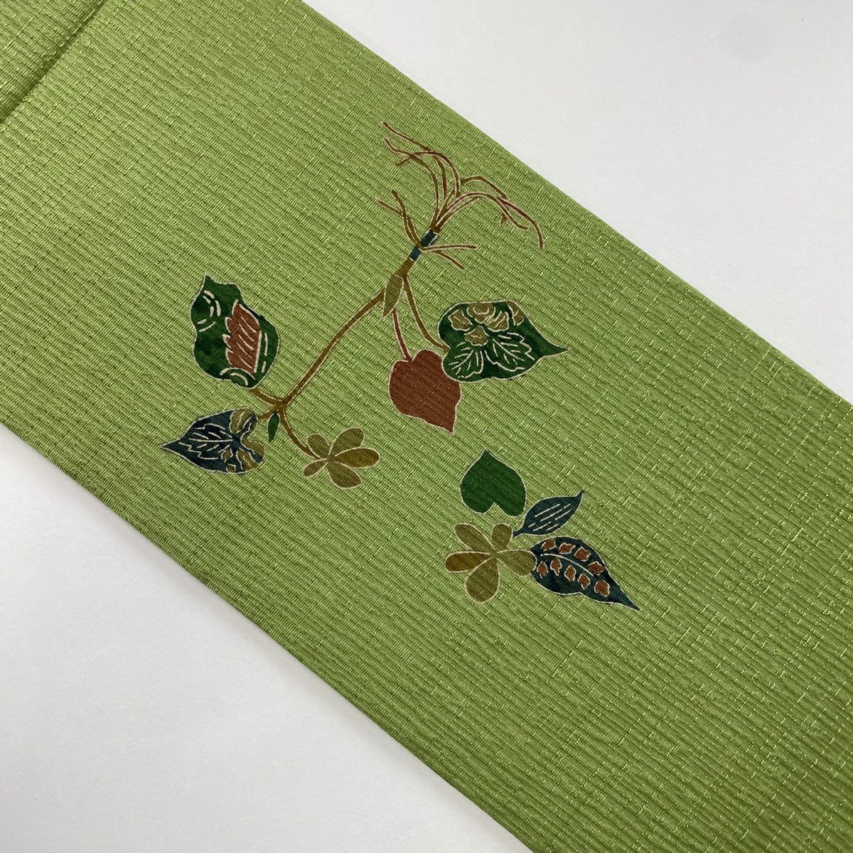 【美品】名古屋帶 秀品級 草花紋紋 霞 綠茶 純蠶絲