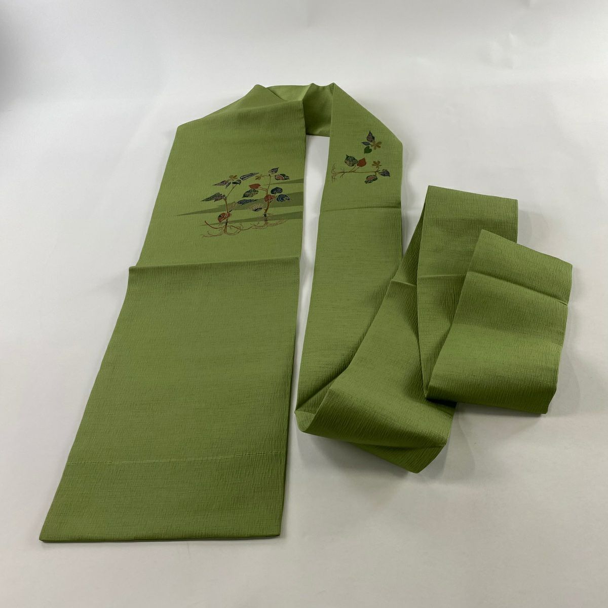 【美品】名古屋帶 秀品級 草花紋紋 霞 綠茶 純蠶絲