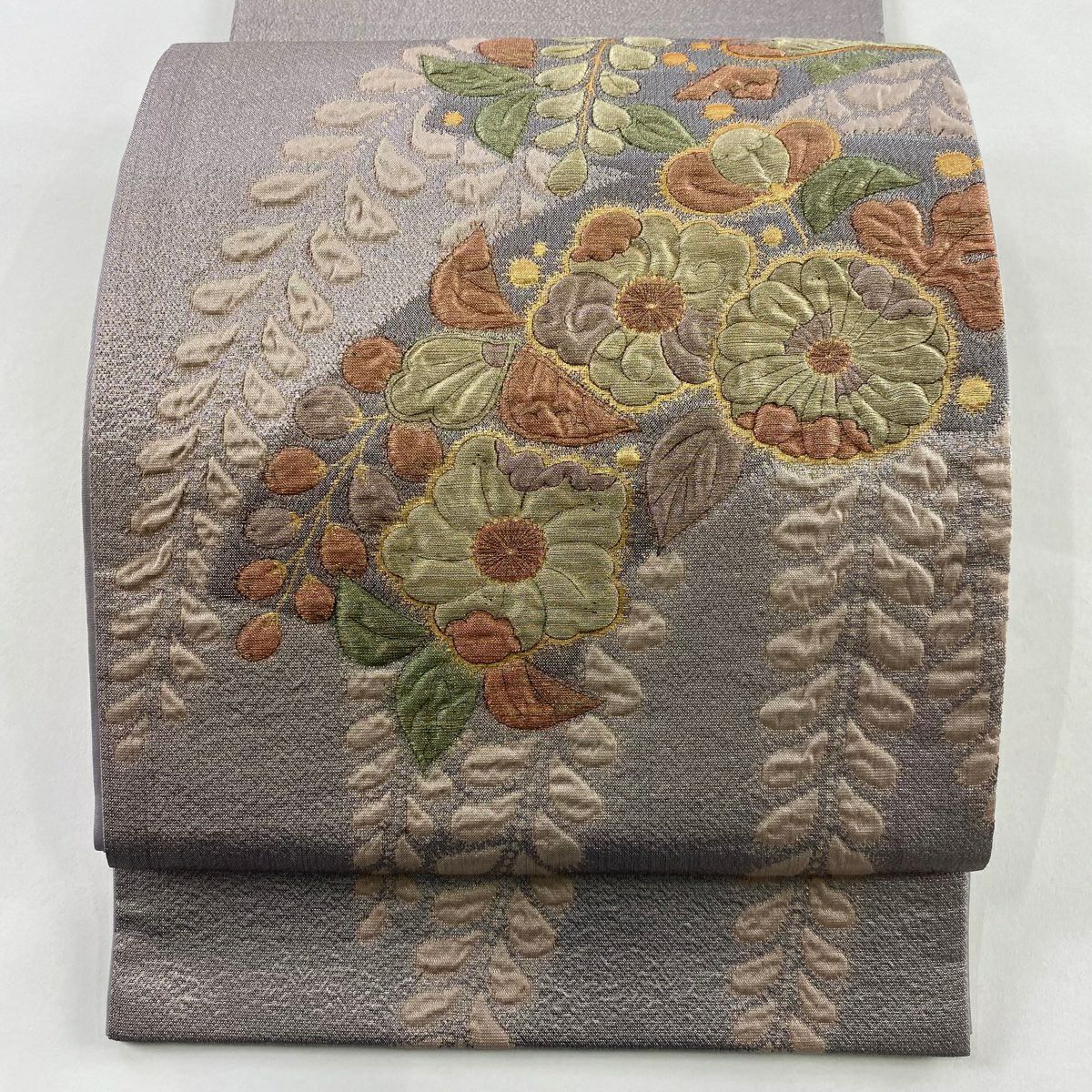 【美品】 袋帶 秀品級 草花紋 松樹 金絲 金金箔 灰紫 お太鼓圖案 純蠶絲