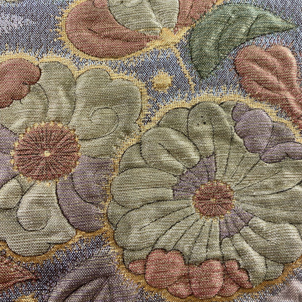 【美品】 袋帶 秀品級 草花紋 松樹 金絲 金金箔 灰紫 お太鼓圖案 純蠶絲