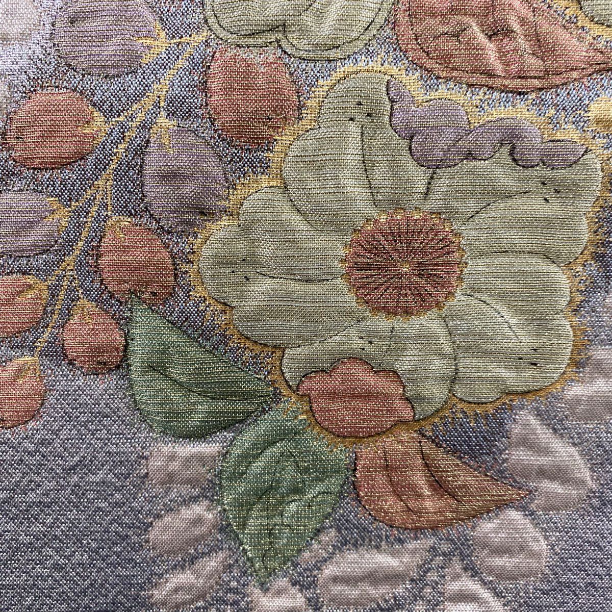 【美品】 袋帶 秀品級 草花紋 松樹 金絲 金金箔 灰紫 お太鼓圖案 純蠶絲