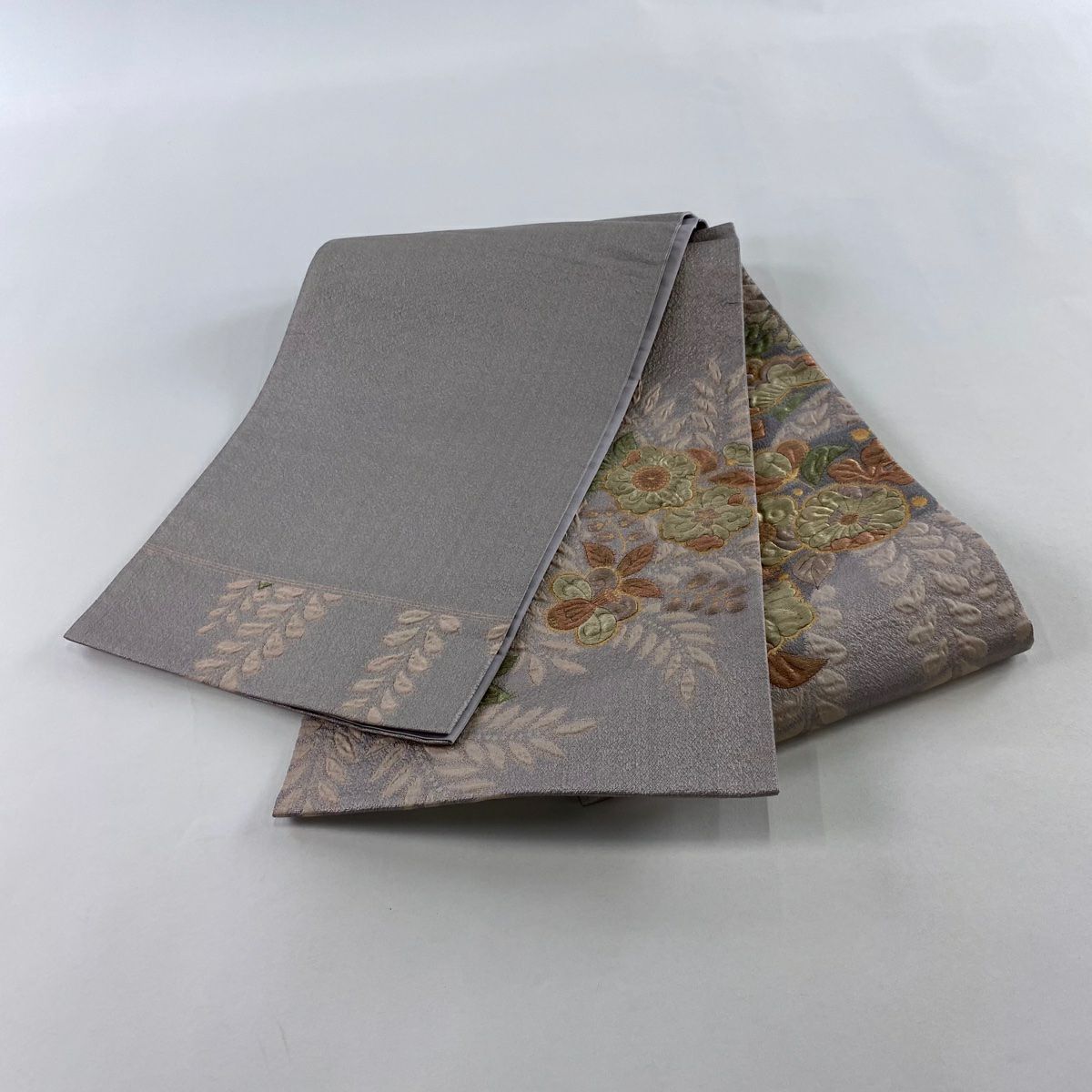【美品】 袋帶 秀品級 草花紋 松樹 金絲 金金箔 灰紫 お太鼓圖案 純蠶絲