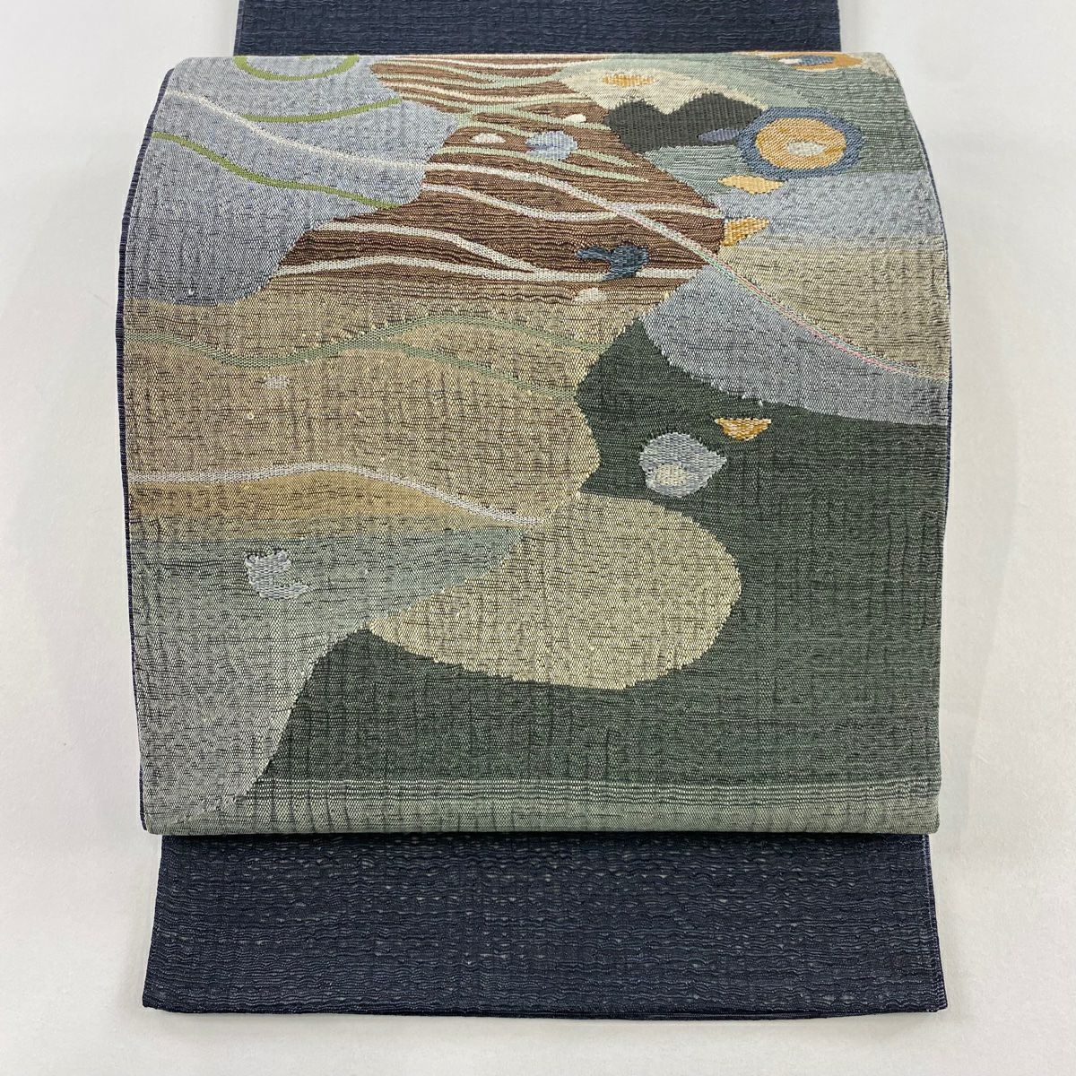 【美品】 袋帶 秀品級 幾何圖案 金銀線 青灰 深藍色 正蠶絲