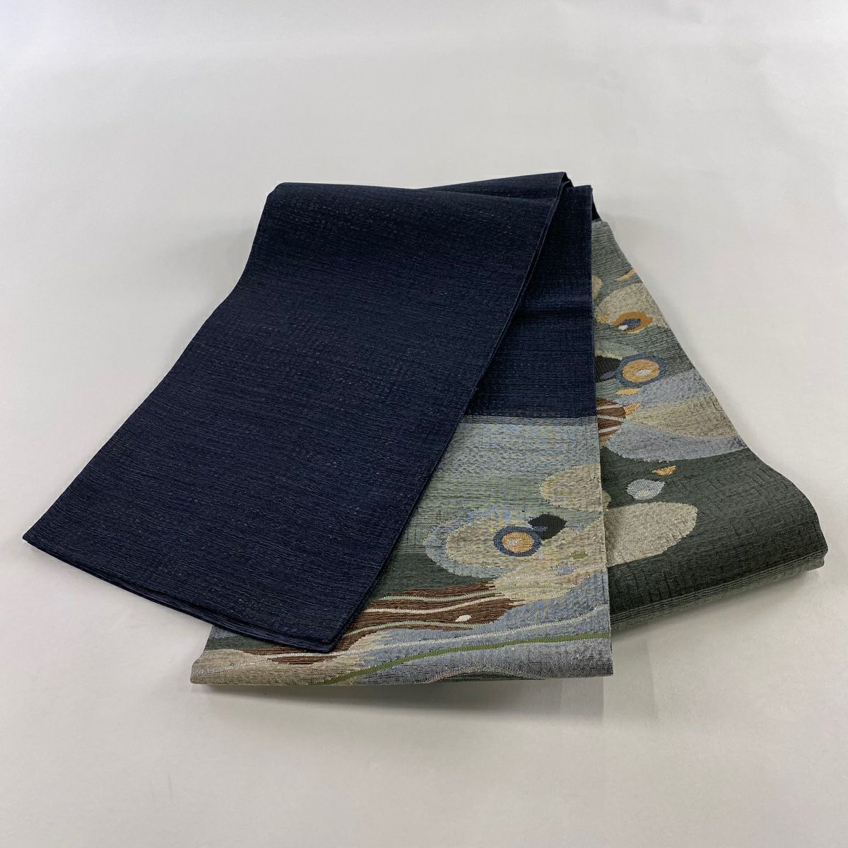 【美品】 袋帶 秀品級 幾何圖案 金銀線 青灰 深藍色 正蠶絲