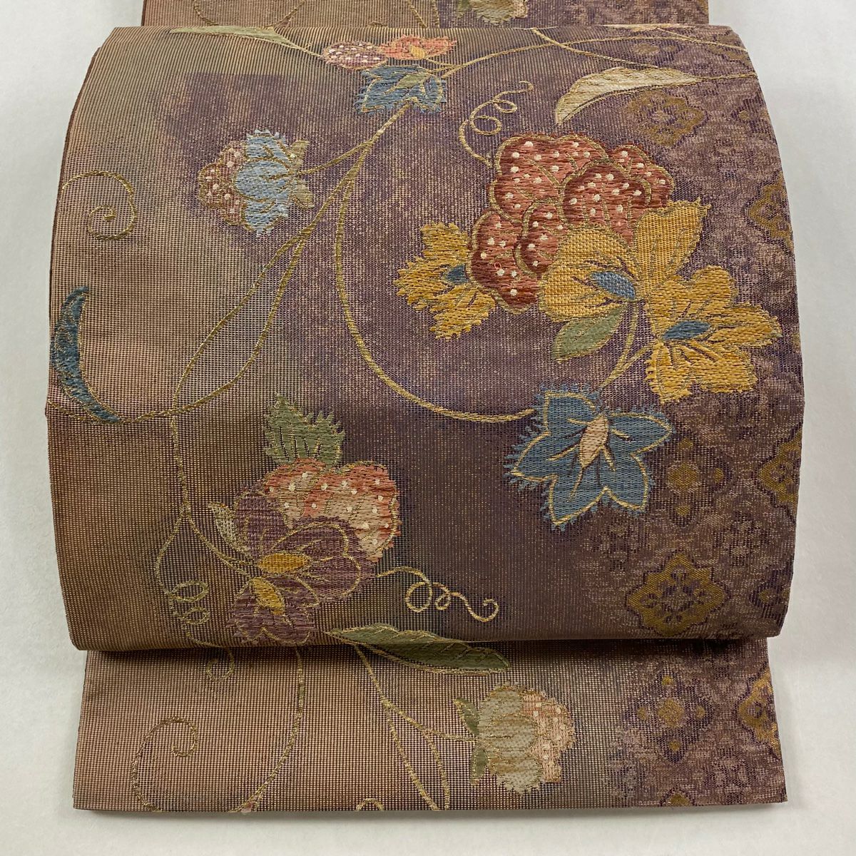【美品】 袋帶 秀品級 更紗 金絲 金金箔 小豆 深藍 六通 純蠶絲