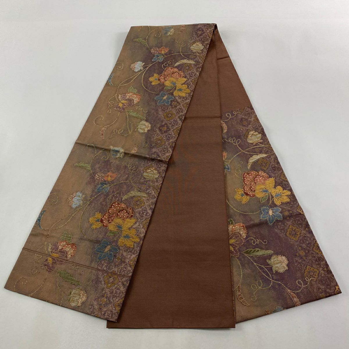 【美品】 袋帶 秀品級 更紗 金絲 金金箔 小豆 深藍 六通 純蠶絲