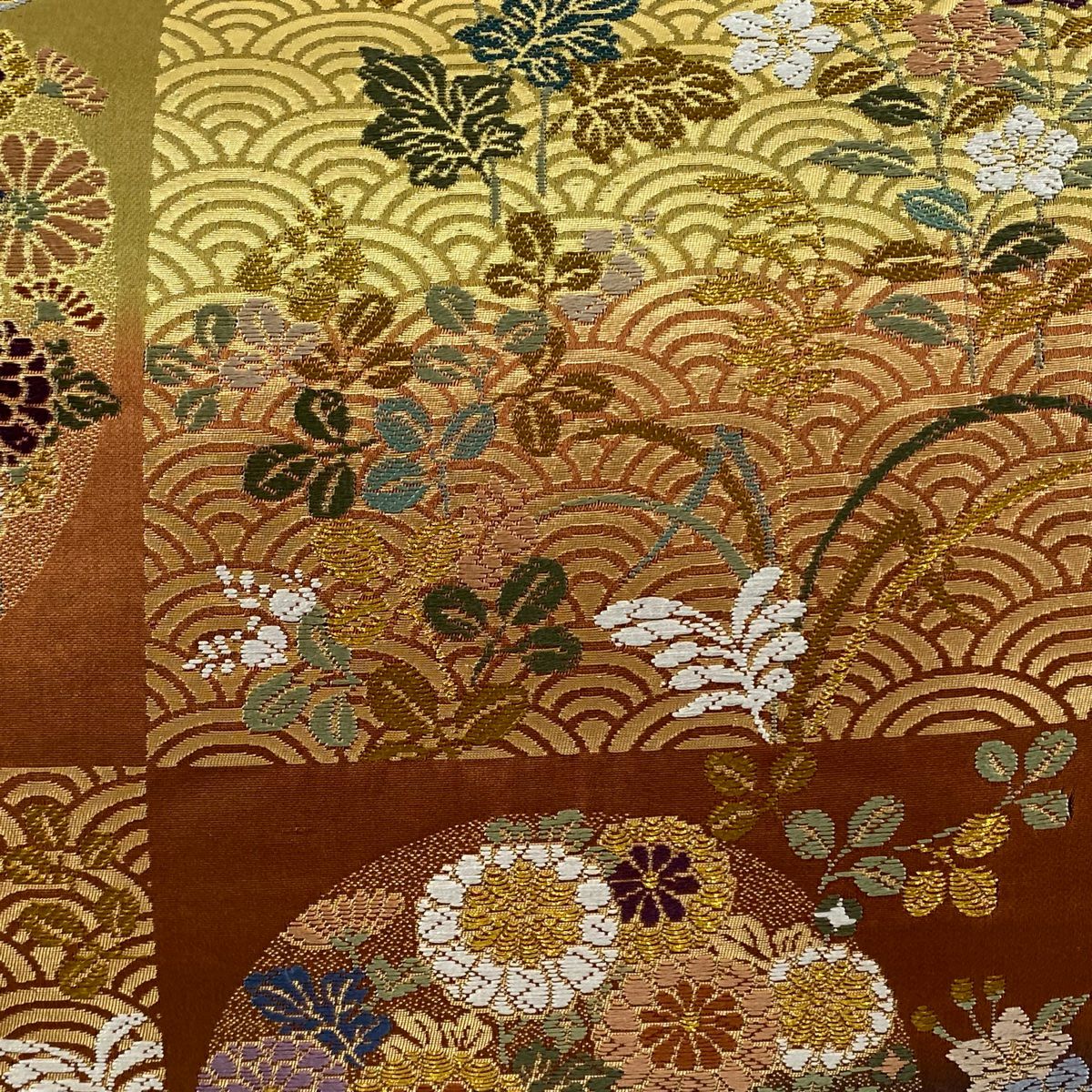 【美品】 袋帶 秀品級 草花紋 青海波 金糸 金金箔 灰紫 六通 純蠶絲