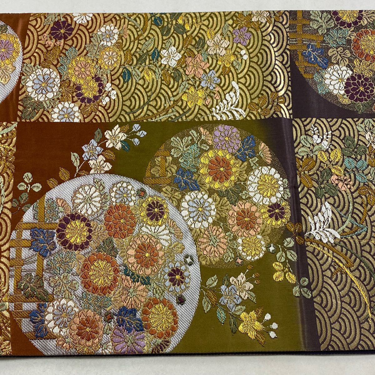 【美品】 袋帶 秀品級 草花紋 青海波 金糸 金金箔 灰紫 六通 純蠶絲