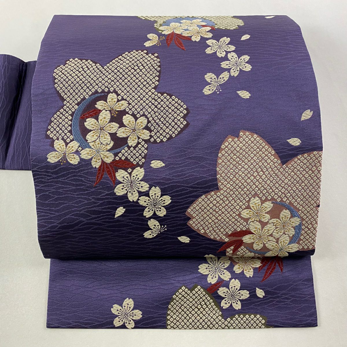 【美品】名古屋帶 秀品級 櫻花花瓣 唐織 紫 純蠶絲