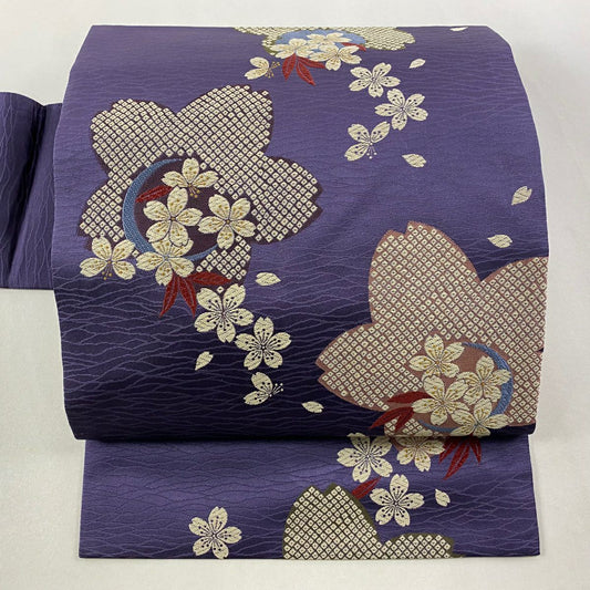 【美品】名古屋帶 秀品級 櫻花花瓣 唐織 紫 純蠶絲