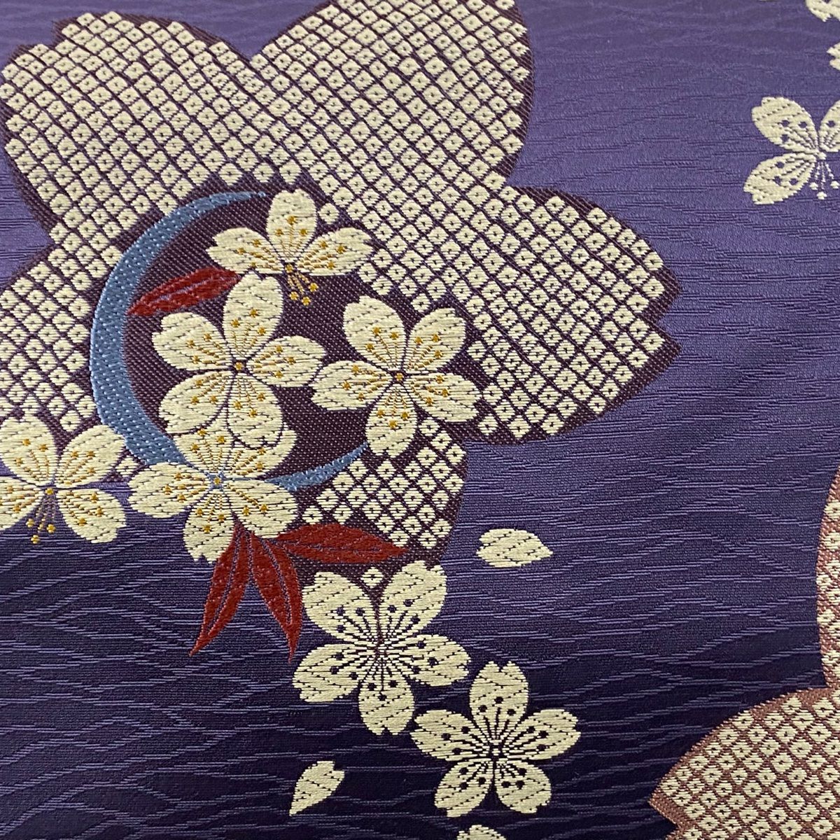 【美品】名古屋帶 秀品級 櫻花花瓣 唐織 紫 純蠶絲