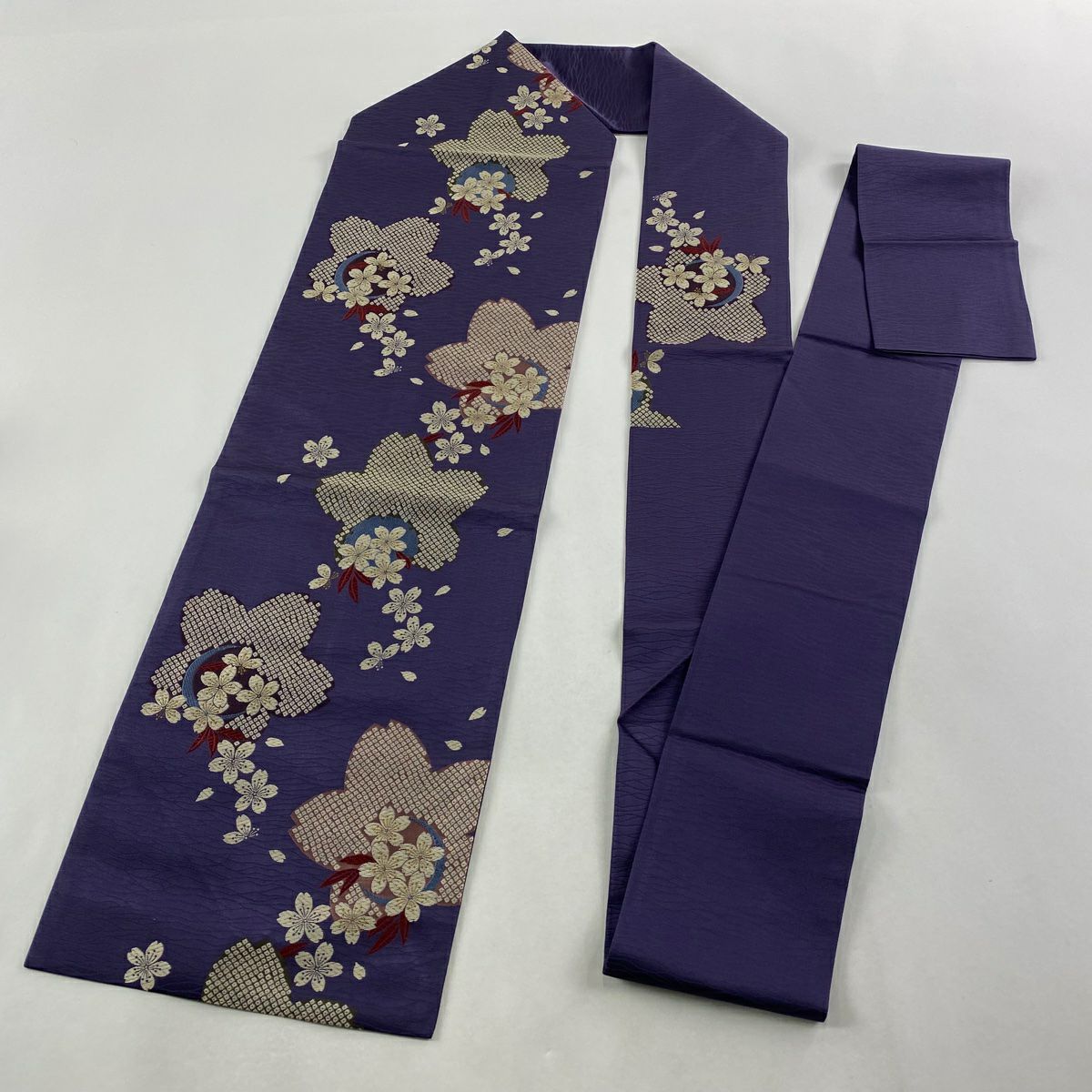 【美品】名古屋帶 秀品級 櫻花花瓣 唐織 紫 純蠶絲