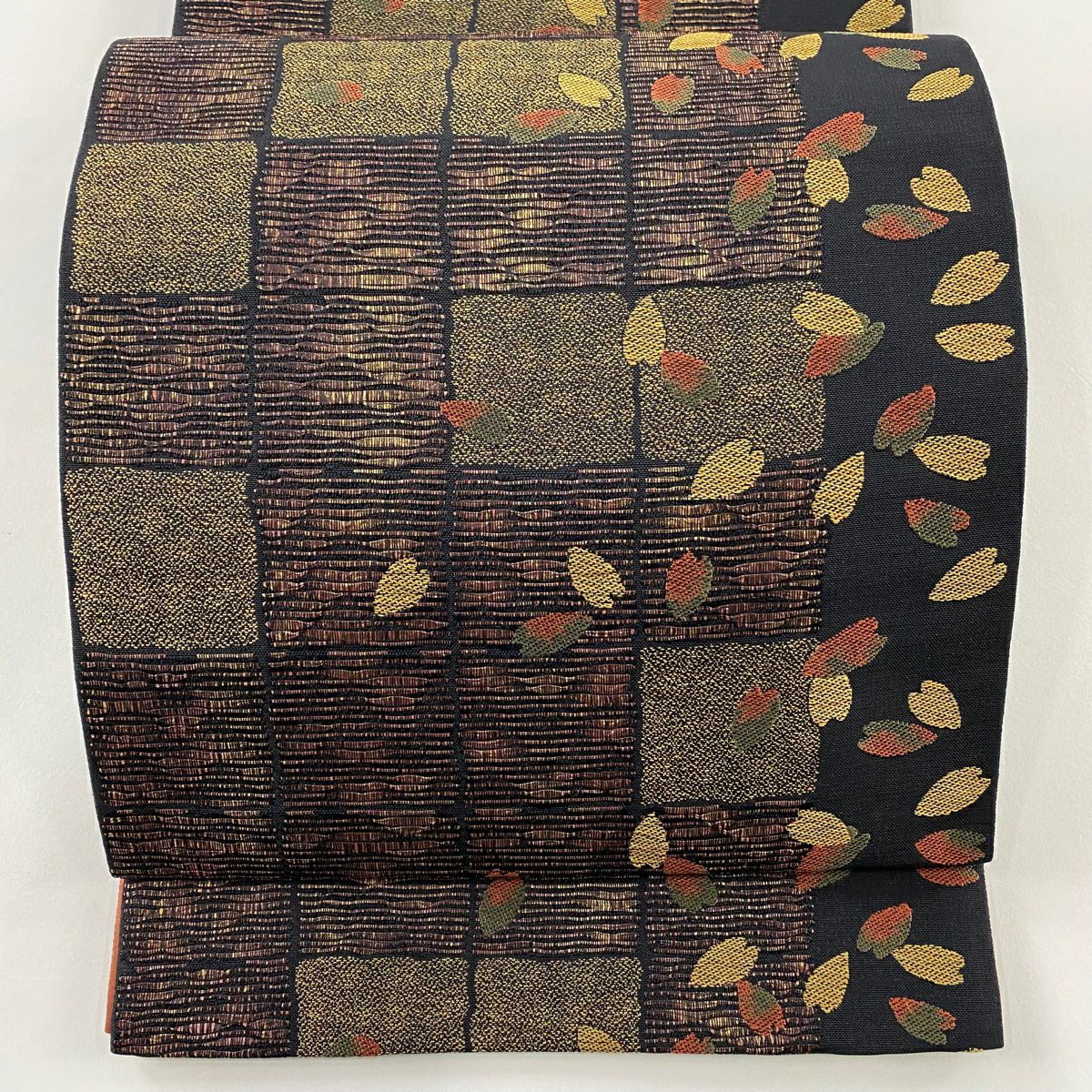 【美品】 袋帶 秀品級 花瓣 金金箔 茶 六通 純蠶絲