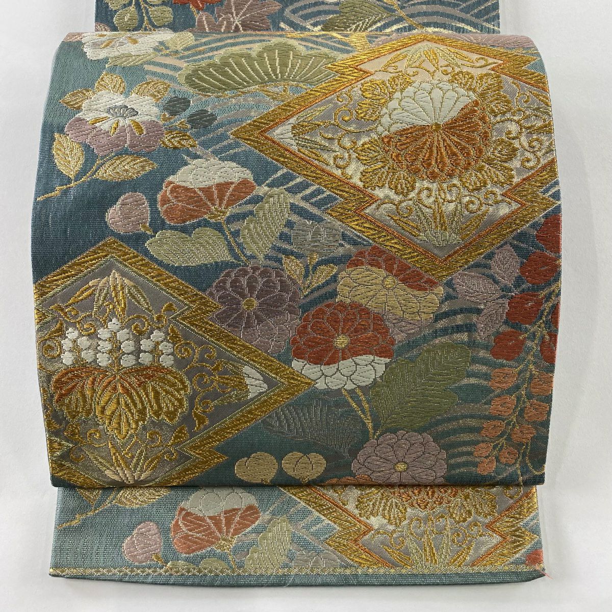 袋帶 秀品級 菊花 松樹 金絲 金金箔 灰綠 六通 純蠶絲