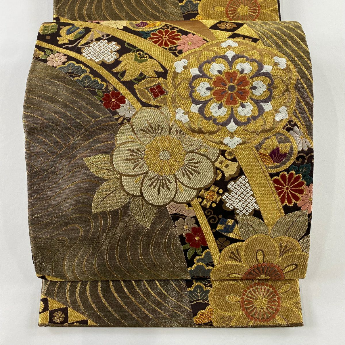 【美品】 袋帶 秀品級 華紋 寶盡くし 金絲 金金箔 茶 全通 純蠶絲
