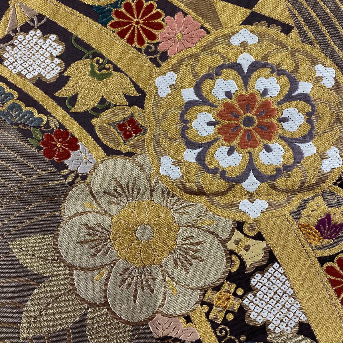 【美品】 袋帶 秀品級 華紋 寶盡くし 金絲 金金箔 茶 全通 純蠶絲