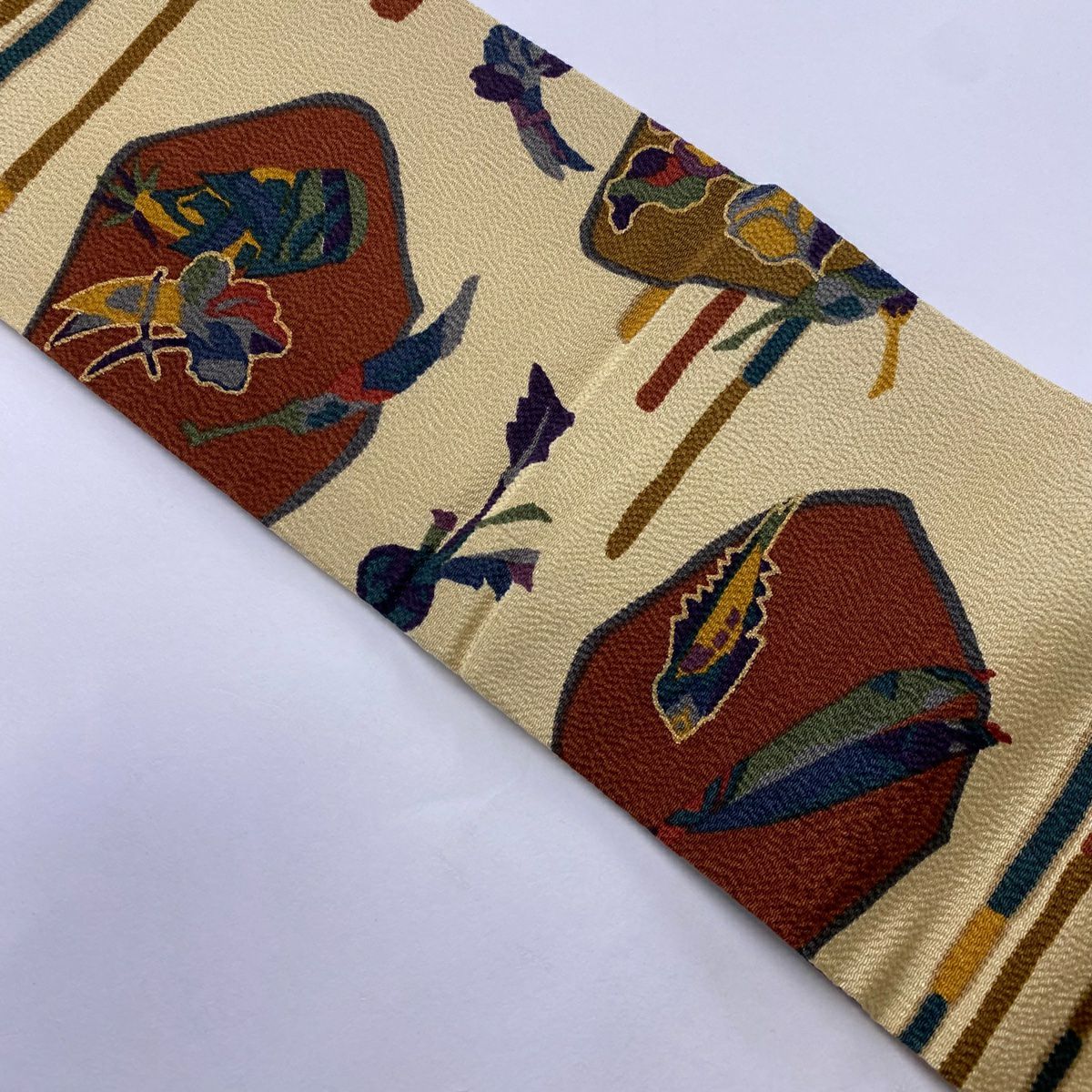 【美品】 名古屋帶 秀品級 生物 魚 絞織 米色 純蠶絲