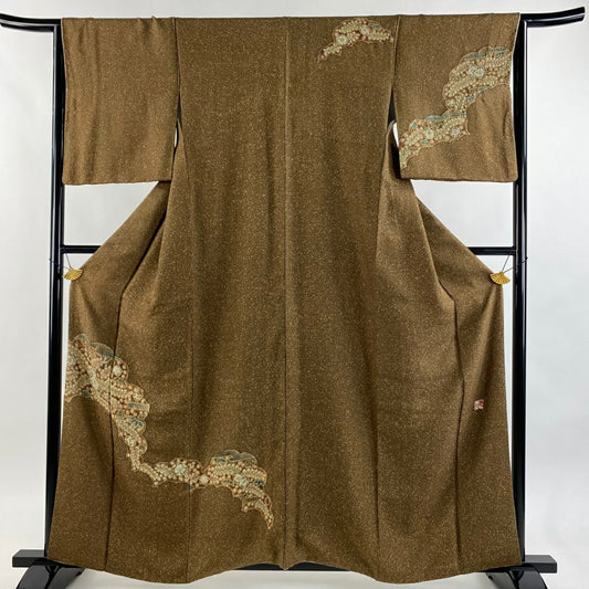 【美品】 付下 身長160cm 袖長64cm M 雙層 樋熊哲也 落款あり 辻花染 雲文 茶 純蠶絲 逸品級