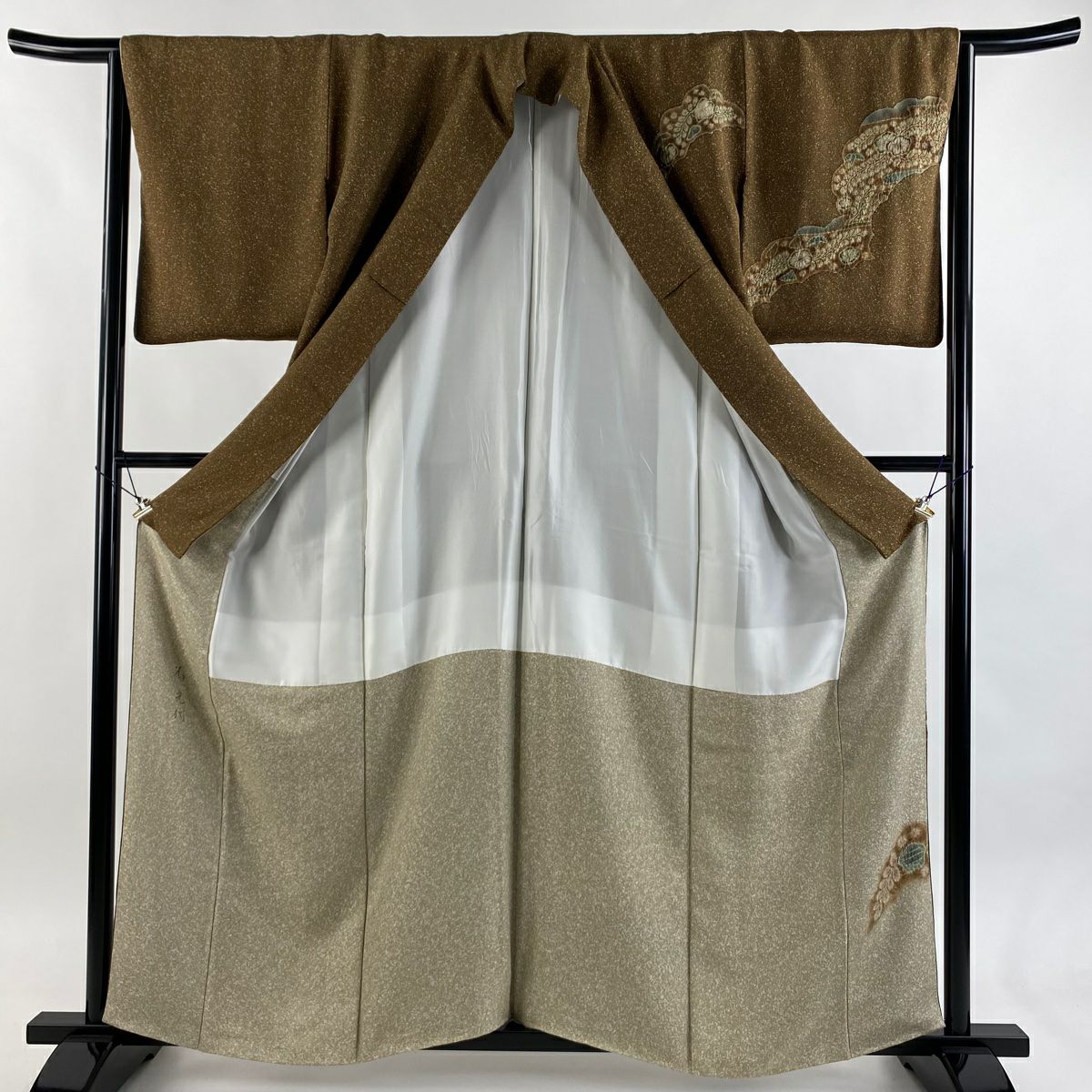 【美品】 付下 身長160cm 袖長64cm M 雙層 樋熊哲也 落款あり 辻花染 雲文 茶 純蠶絲 逸品級