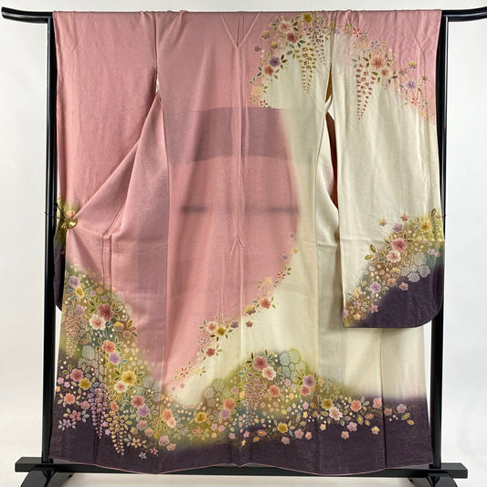 【美品】振袖禮服 身長156.5cm 袖長66cm M 雙層 徳永憲峯 落款あり 辻花染 金通し 金銀彩 粉紅 純蠶絲 逸品級